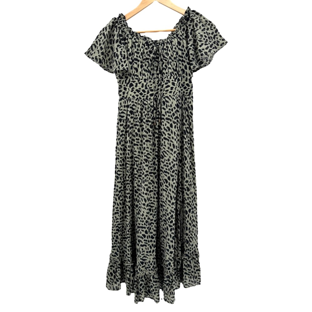 Petal & Pup Womens Olive Green Leopard Pattern Ruffle Off Shoulder Midi Dress 6 - Picture 2 of 6